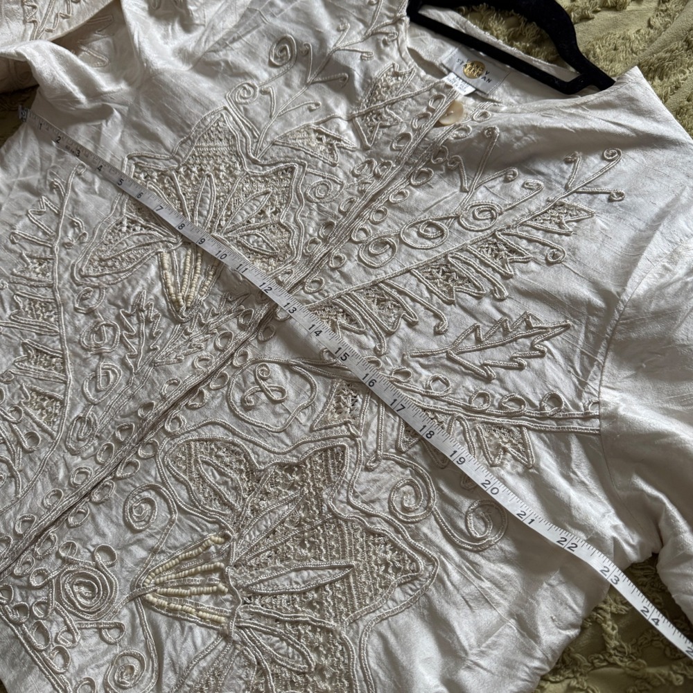 Sandy Starkman Jacket XL Cream Vintage Silk Embroidered Beaded Boho Art to Wear - Picture 6 of 16